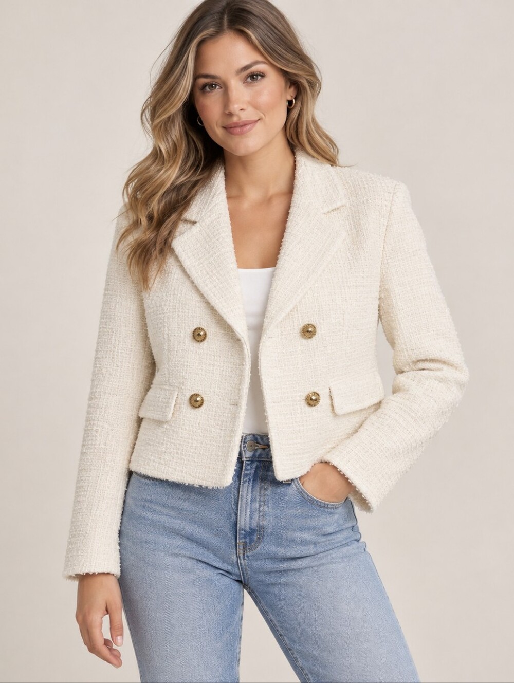 Zara Double-Breasted Blazer Jacket Size M Cream Tweed Gold Buttons Classic